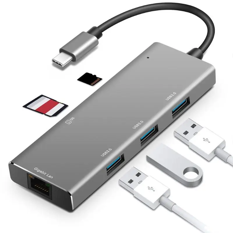

6 in 1 USB Hub Type C to USB 3.0 RJ45 Gigabit Lan port for SD TF Card Reader Adapter for MacBook for Samsung S8 / LG V20