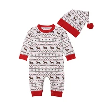 

Christmas Newborn Baby Girl Boy Deer Print Jumpsuit Long Sleeve Romper Hat Xmas Cotton Autumn Cute Clothes 2Pcs