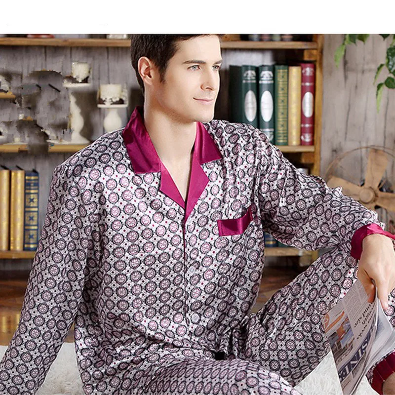 home clothes pajama set High Quality Silk pajamas Men long-sleeved shirt + trousers two pieces Sleepwear Set Plus Size Pyjamas