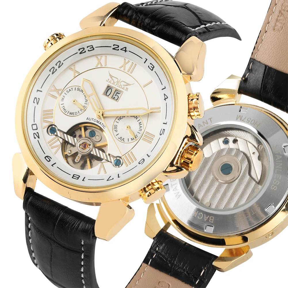 

Men's Mechanical Watch Leather Band Dual-time Automatic-self-winding Mechanical Watches with Calendar Subdial Date Male Gifts