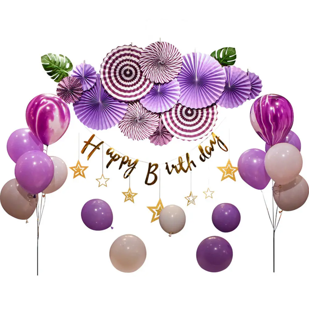 

Happy Birthday banner backdrops Marble Balloons Tissue Paper Fan Paper Flowers For Baby Shower Party Decorations Kids Supplies