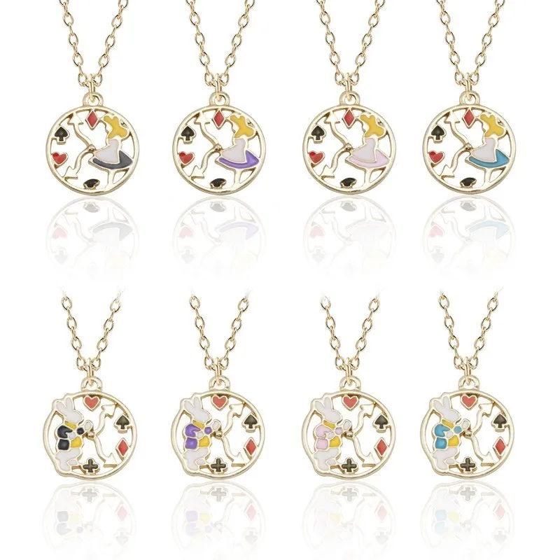 

Cartoon Anime Alice In Wonderland Necklace Jewelry Gold Chain Enamel Heart Round Girl Rabbit Pendants Necklaces Women Colar