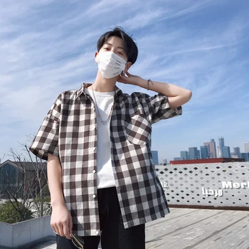 

Summer New Plaid Shirt Men Fashion Retro Casual Shirt Man Streetwear Trend Wild Hip Hop Loose Short-sleeved Shirt Male Clothes