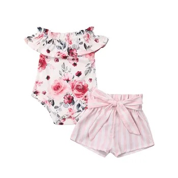 

Infant Newborn Baby Girls Clothing Summer Baby Flower Clothes Set Off Shoulder Rompers + Bow Bloomer Shorts Outfits 2019 New