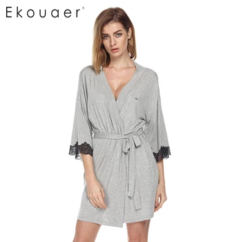 

Ekouaer Women Sleepwear Nightwear Kimono Robe Soild Winter Autumn Casual Cotton Bathrobe Belt Elegant Bathroom Spa Robe