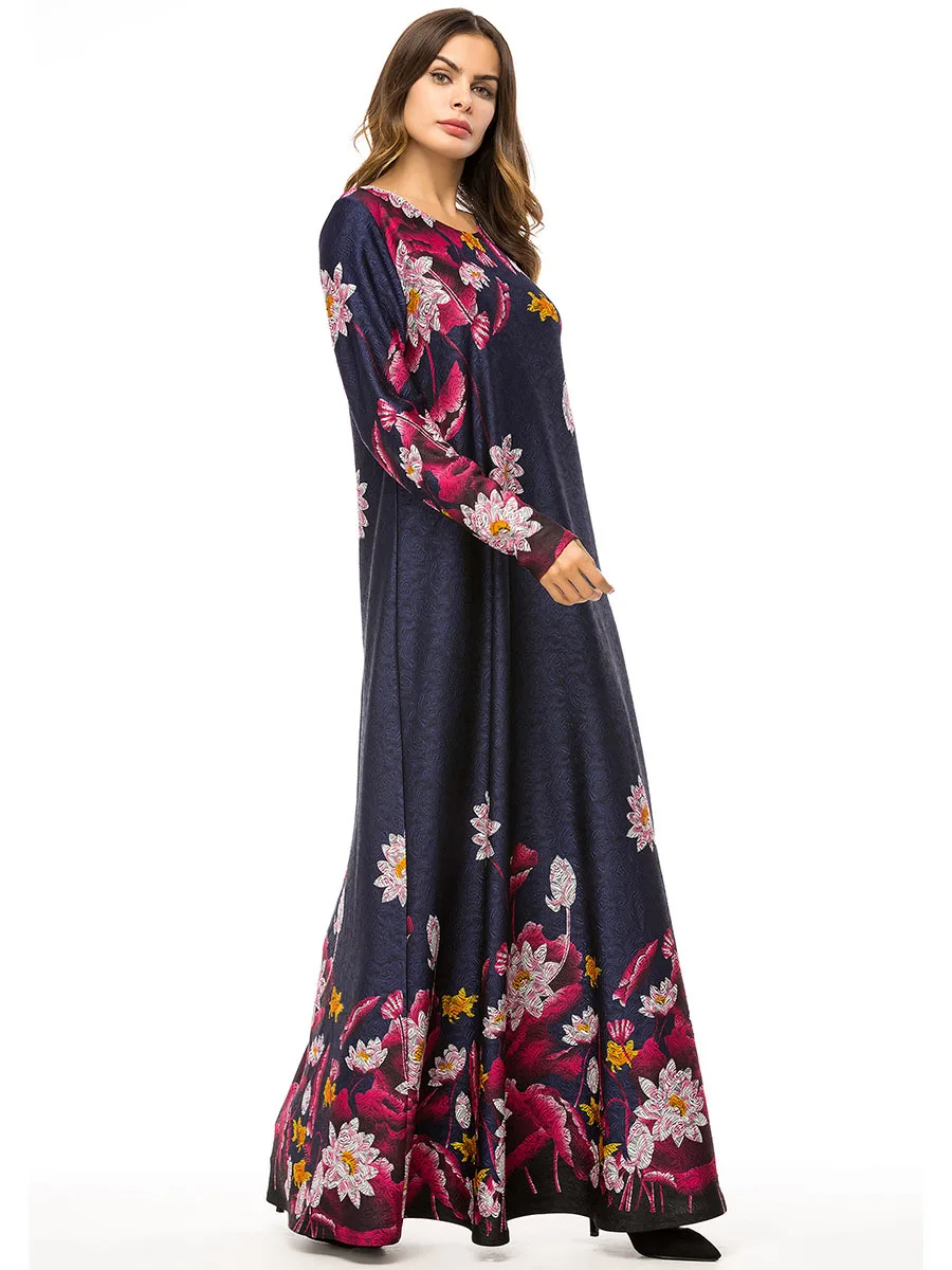 

Abaya Dress O-Neck New Autumn Long Sweet Dresses Winter Casual Women Floral Flower Elegant Maxi Dress Fashion