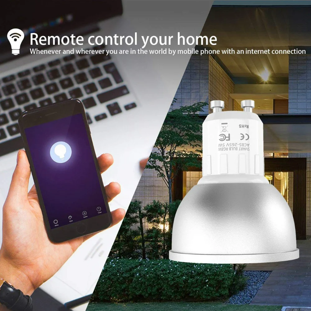 Умная Светодиодная лампа с регулируемой яркостью Wi Fi GU10 RGBW 5 Вт работает Alexa Google Home