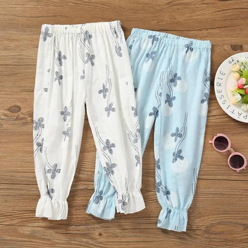 

Girl Summer Printed Lantern Pants Kids Cotton Linen Anti Mosquito Trousers