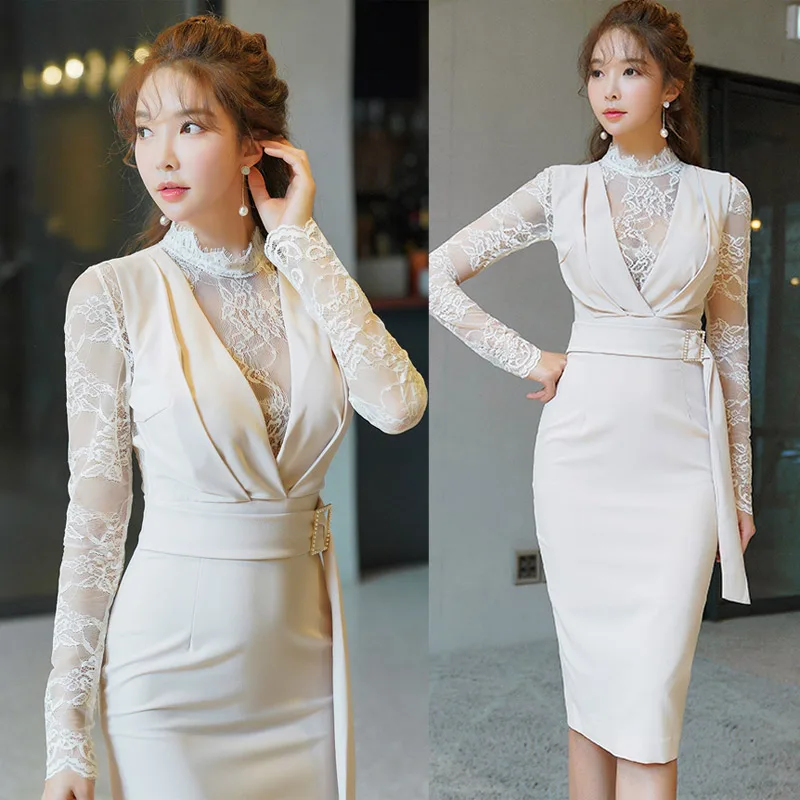 

Women spring new wear han edition aristocratic temperament splicing lace two pieces satchel hip fashion vestidos de festa dress