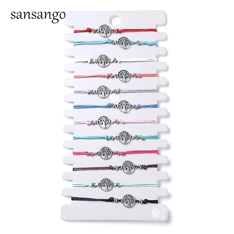 Antique Silver Tree Of Life Shape Alloy Charm Bracelet Cord Bangle Women Men 12 Pcs