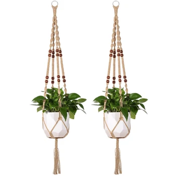 

2 Pcs Macrame Plant Hanger Indoor Outdoor Hanging Planter Basket Jute Rope With Beads 4 Legs