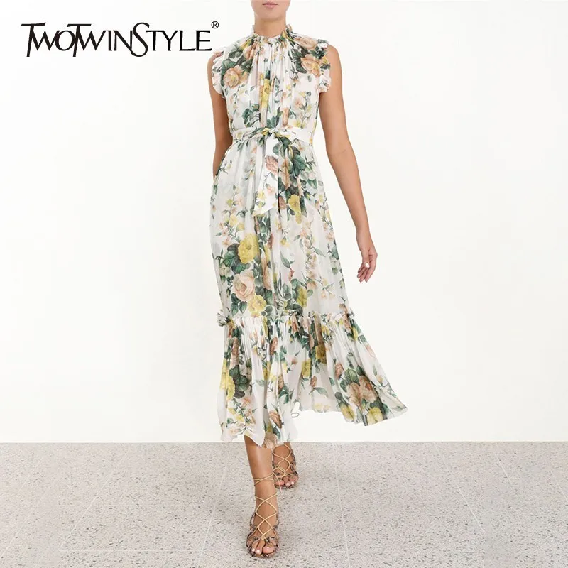 

TWOTWINSTYLE Summer Print Sleeveless Dress For Women Stand Off Shoulder High Waist Ruffles Lace Up Midi Dresses Female Fashion