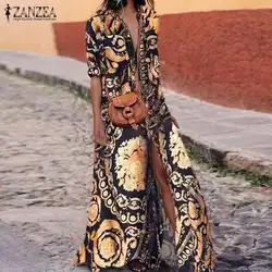 Плюс размеры платье рубашка с принтом для женщин летние Макси Сарафан 2019 ZANZEA мода туника с коротким рукавом Vestidos женский платье с разрезом