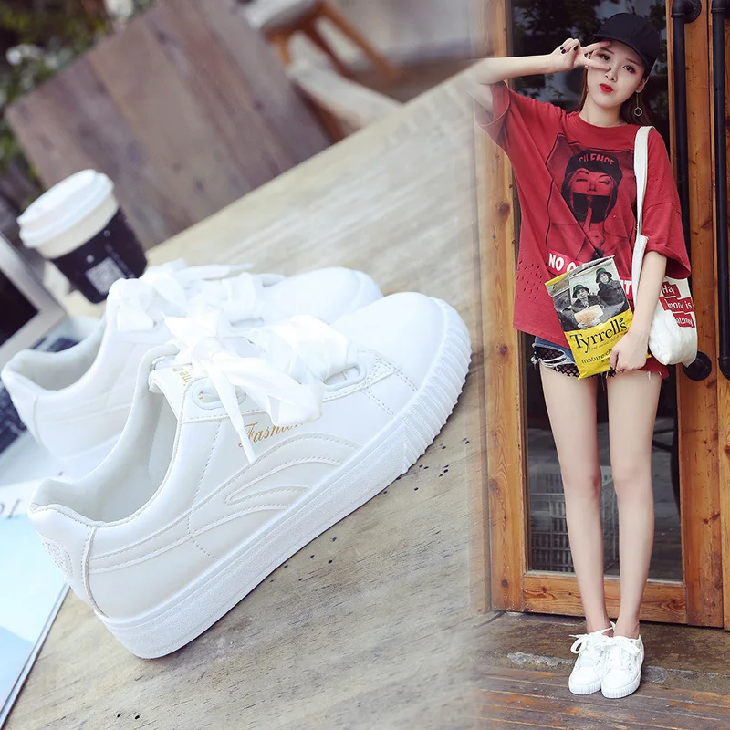

2019 Spring New Pattern Korean Silk Ribbon Small White Shoes Woman Chalaza Leather Casual Shoes Woman Run Skate Shoes Motion 103
