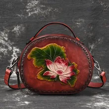 Genuine Leather Top Handle Cross Body Bag Lotus Pattern Chinese Style Tote Vintage Women Real Cowhide Messenger Shoulder Bags Genuine Leather Top Handle Cross Body Bag Lotus Pattern Chinese Style Tote Vintage Women Real Cowhide Messenger Shoulder Bags