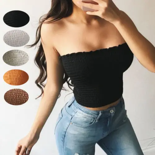 

Women Sheering Boob Tube Gather Smoken Strapless Bandeau Ladies Shirred Crop Top Pleated Solid Slim Femma Ladies Tube Tops