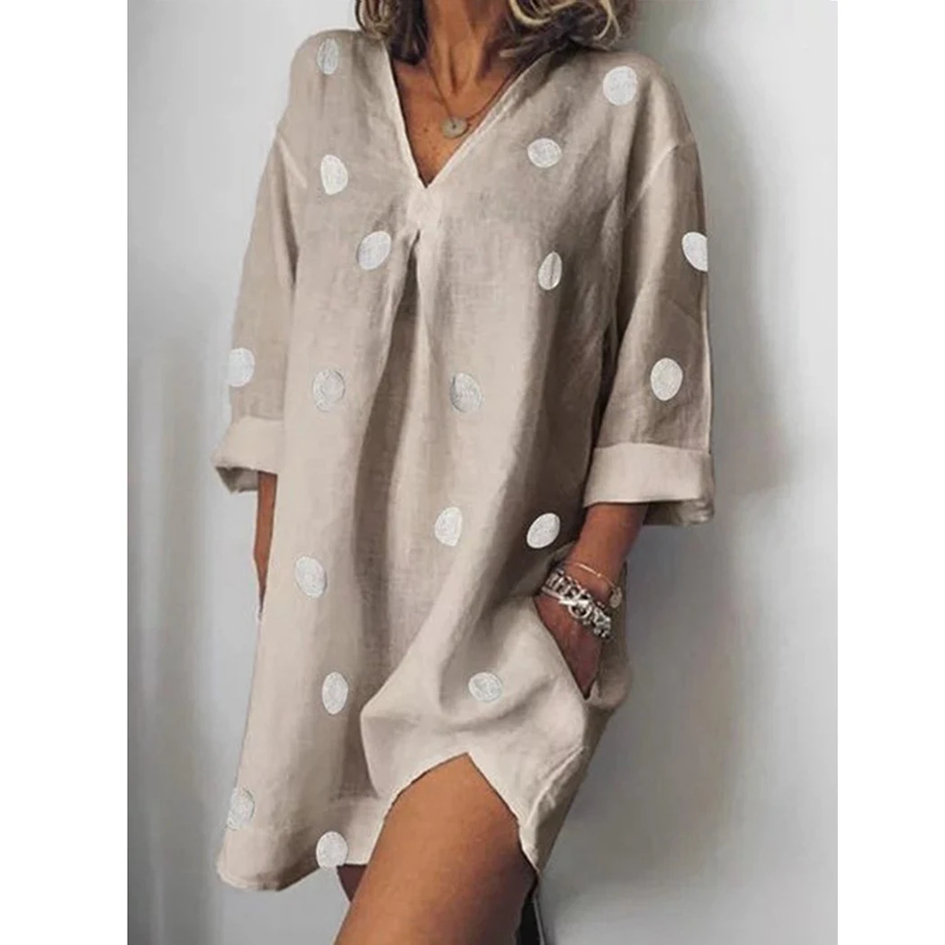 

S-5XL Women Cotton Linen Dress 2019 Summer V-Neck 3/4 Sleeve Mini Dress Casual Dot Print Split Loose Dresses Plus Size Vestidos