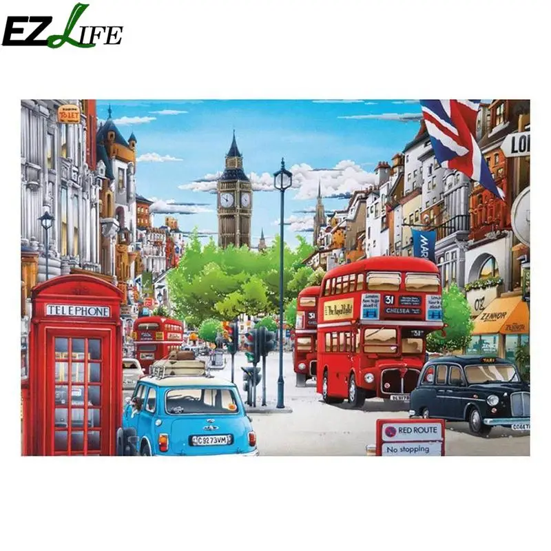 

New European City View Living Room Diamond Painting New Diamond Cross-stitch London Bus Without Frame Home Decorative Painting