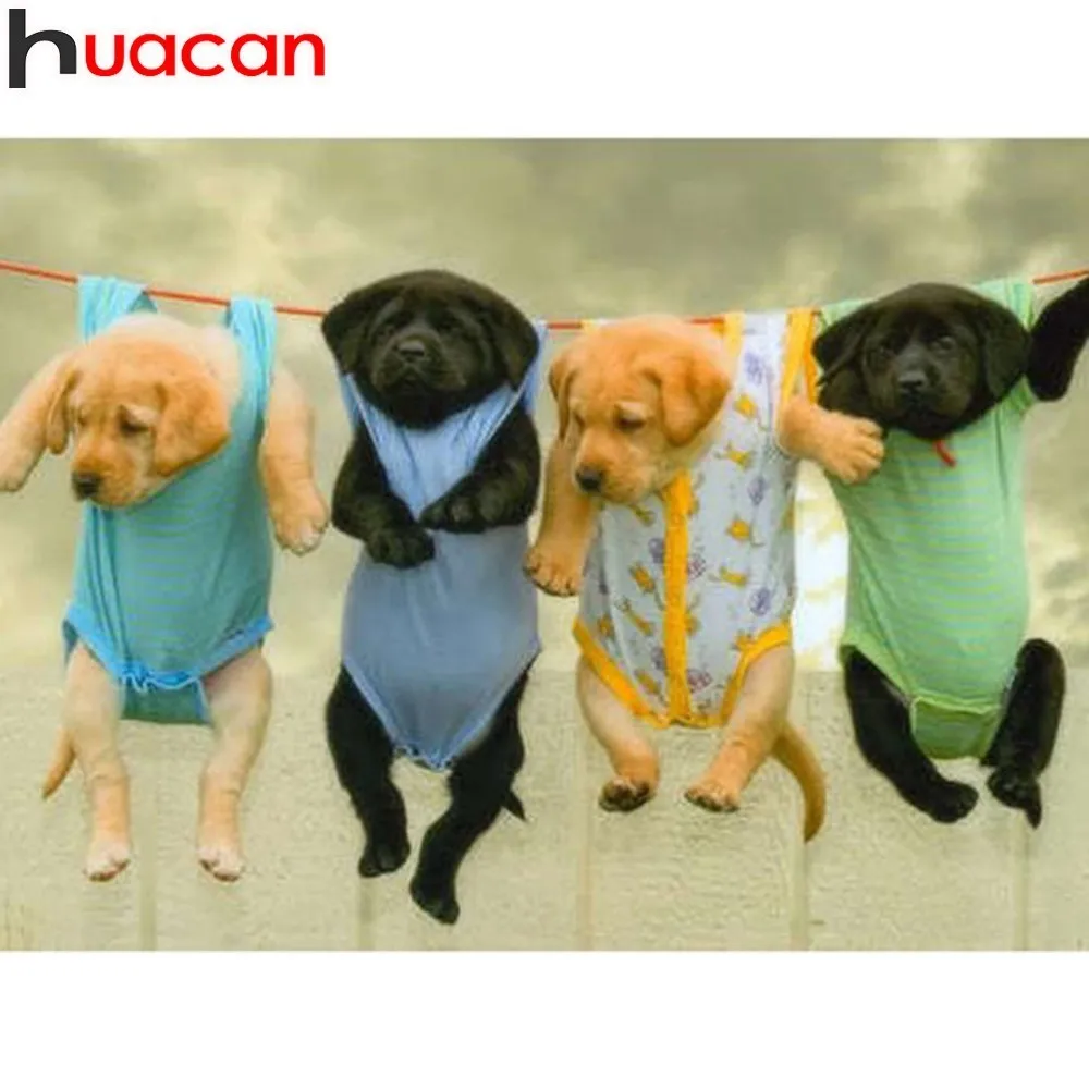 

HUACAN 5D DIY Diamond Painting Full Square Animal Four Cute Dog Diamond Embroidery Mosaic Cross Stitch Rhinestone Decor Home