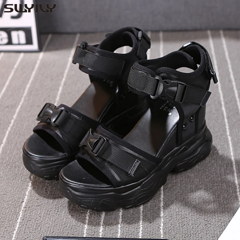 SWYIVY Chunky Sandals Shoes Summer Woman Genuine Leather Sandals Platform 2019 Sexy Leopard Fashion Shoes Sandal Black For Lady