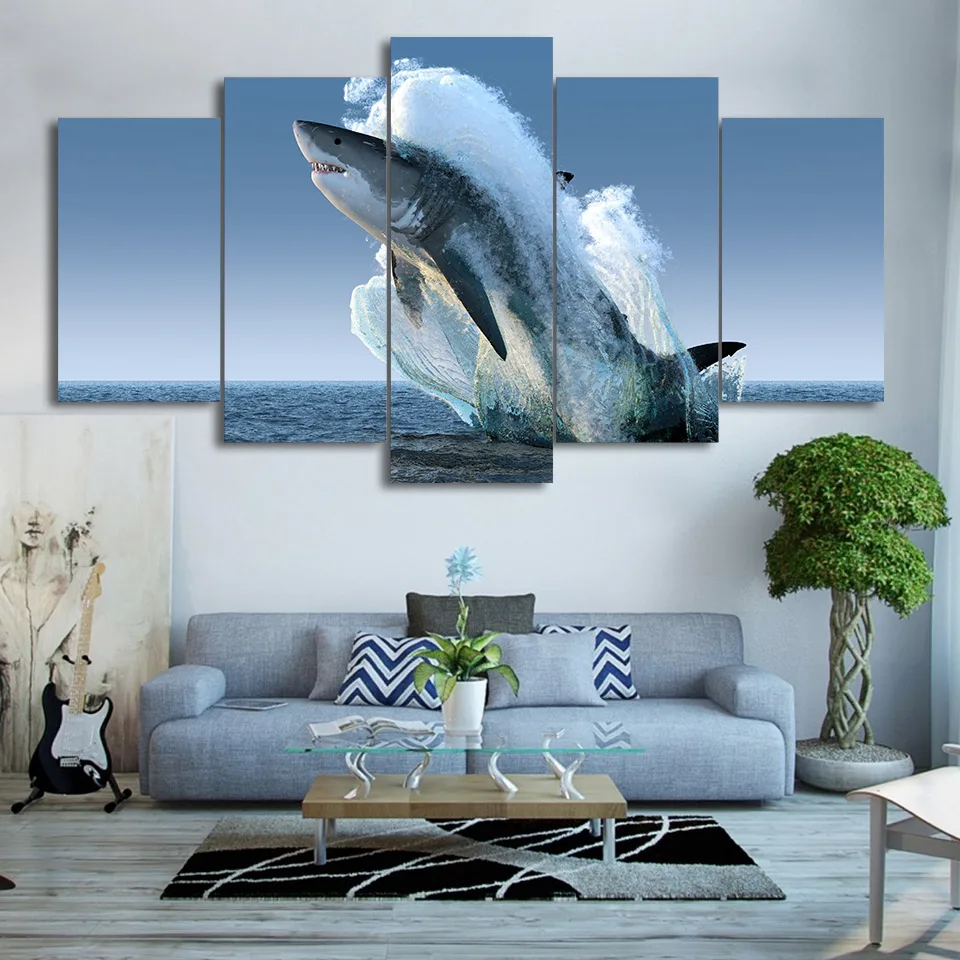 

Modern HD Printed Wall Art Frame Canvas Pictures 5 Pieces Sea Surface Animal Jumping White Shark For Living Room Painting Poster
