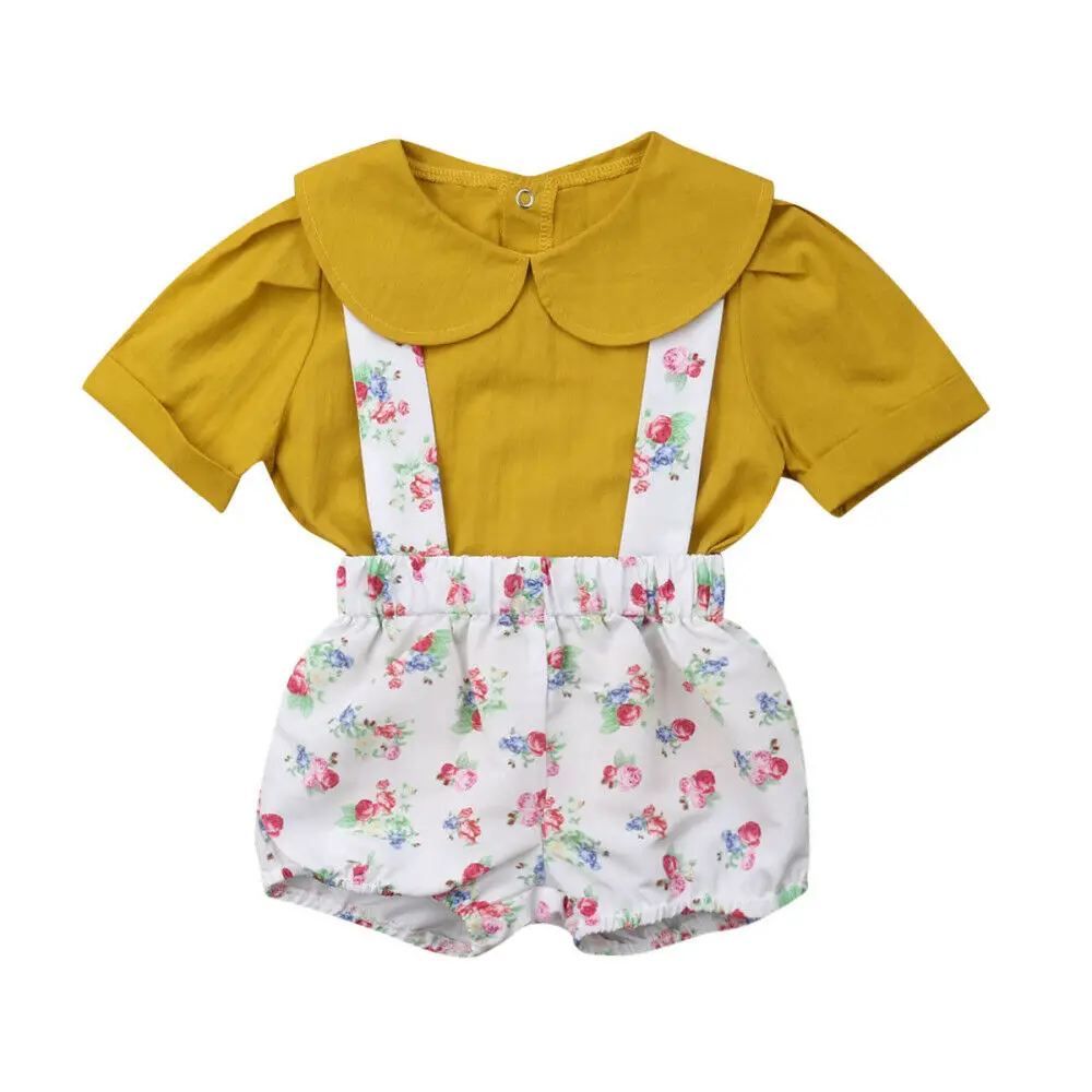 

Lovely Toddler Kids Baby Girl Short Sleeve Peter Pant Collar T-shirt Tops Floral Suspender Shorts Overalls 2PCS Girls Clothes