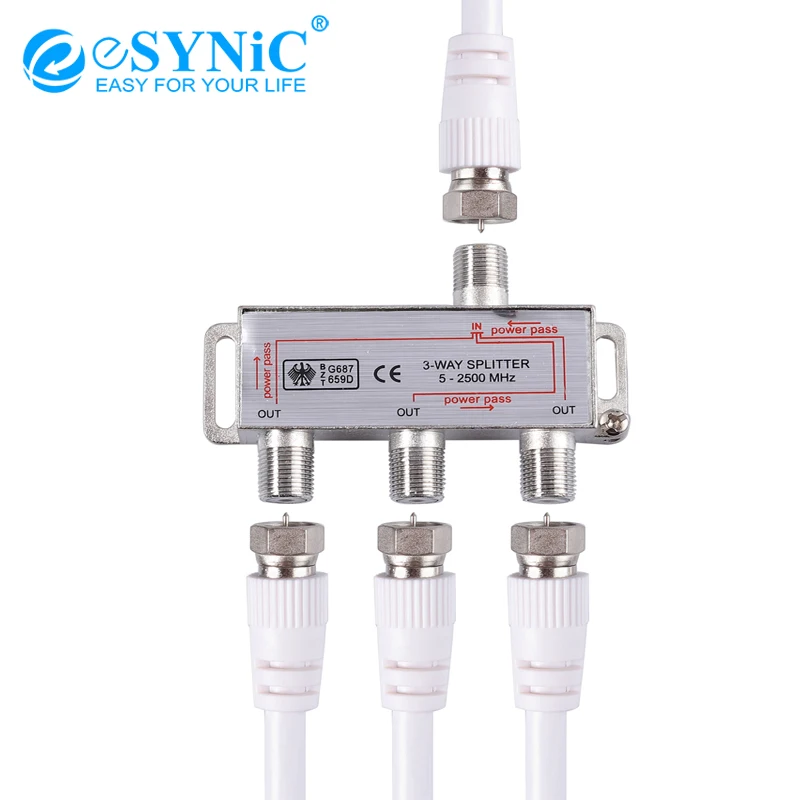 

eSYNiC 3-Way Coax Cable Splitter 1 In 3 Out For Aerial TV Broadband Bi-Directional MoCA 5-2500MHz Connector Satellite Receiver