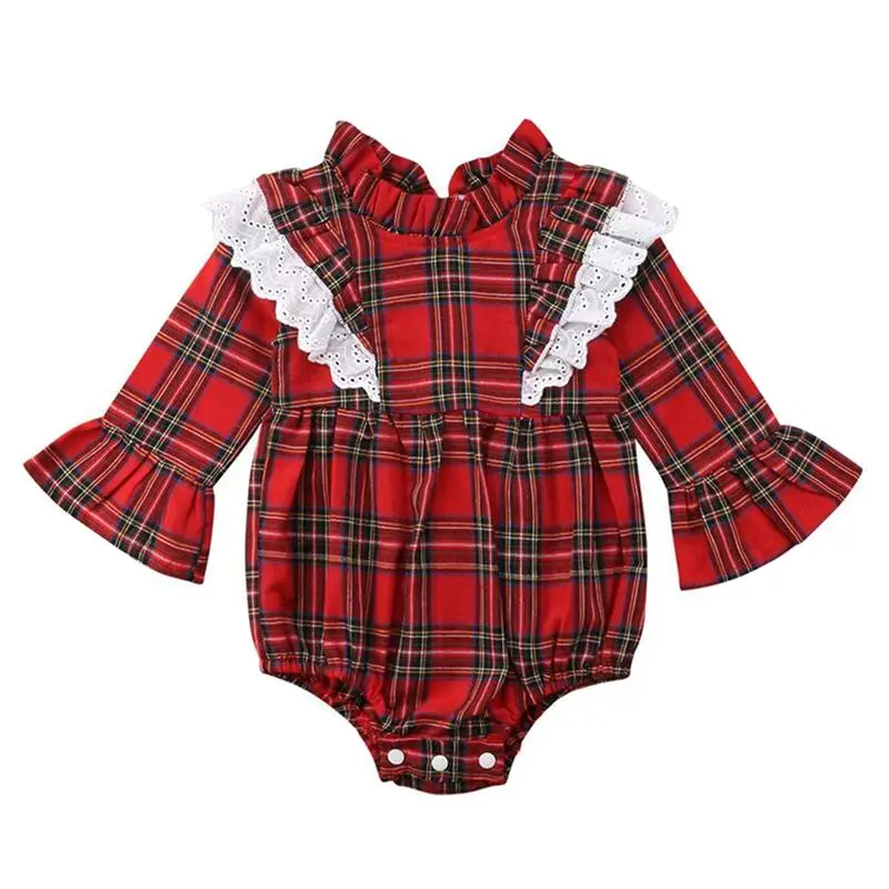 

Toddler Baby Girls Rompers Outfits Flare Sleeve Plaid Body Suit Onesie Ruffle Lace Romper For Newborn Baby