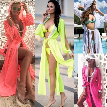 

2019 Hooded Mesh Cover Up Long Beach Dress New Candy Color Long Sleeve Bikini Dress Perspective Swimsuit Women Bathing Suit