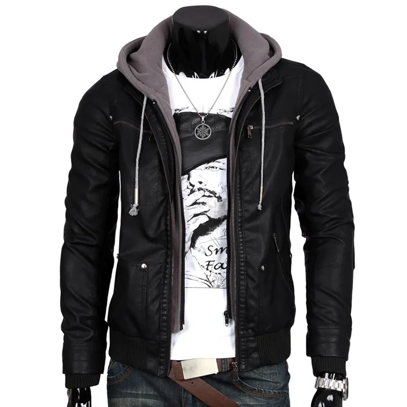 jaqueta de couro masculina slim com capuz