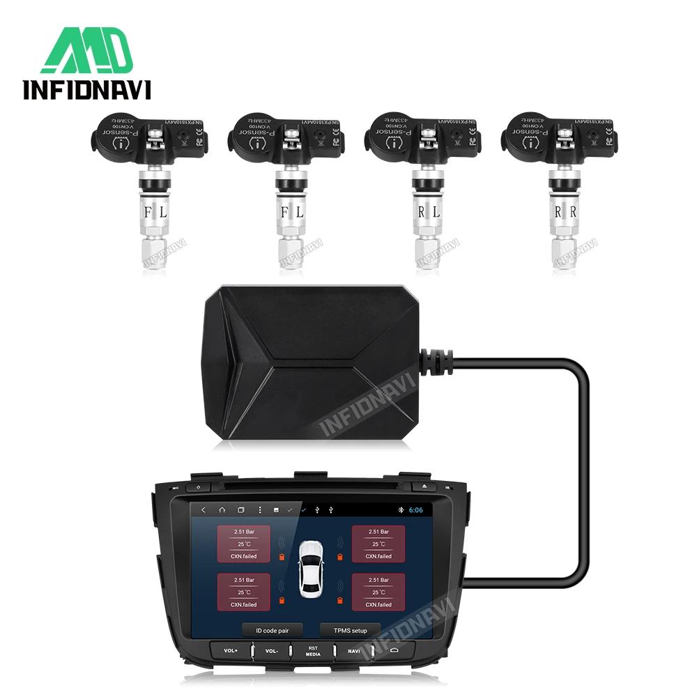 

Car TPMS Tire Pressure Monitoring System For Android Radio Player 433.92MHz Wireless USB TPMS Receiver 4 External Sensors U Disk