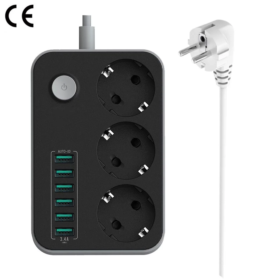 EU European Plug Power Strip W/ Switch 10A 250V 2500W 3 Outlets 6 USB