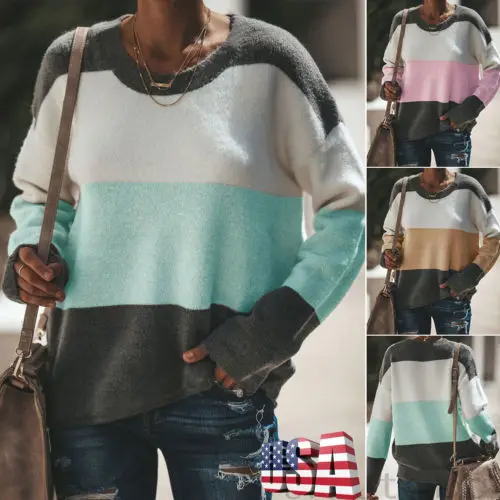 

US Women Casual Patchwork Sweaters Tops Jumper Ladies Winter Coat Pullover Tops