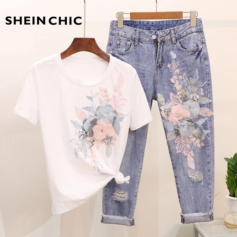 

2019 Runway Women Summer Designer Two Piece Set Sweet Casual 3D Flower Sequined Shorts Tops And Denim Pant Two Piece Suits Sets