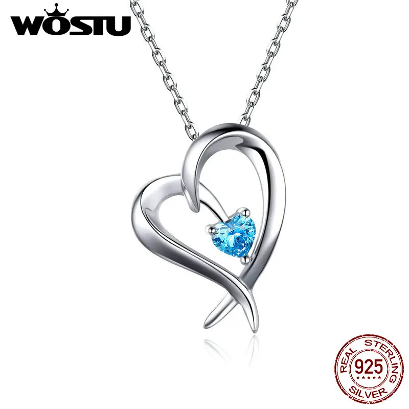 

WOSTU 925 Sterling Silver Shape Of My Heart Pendant Necklaces Shine Blue CZ Long Chain For Women 925 Jewelry Lover Gift CQN311