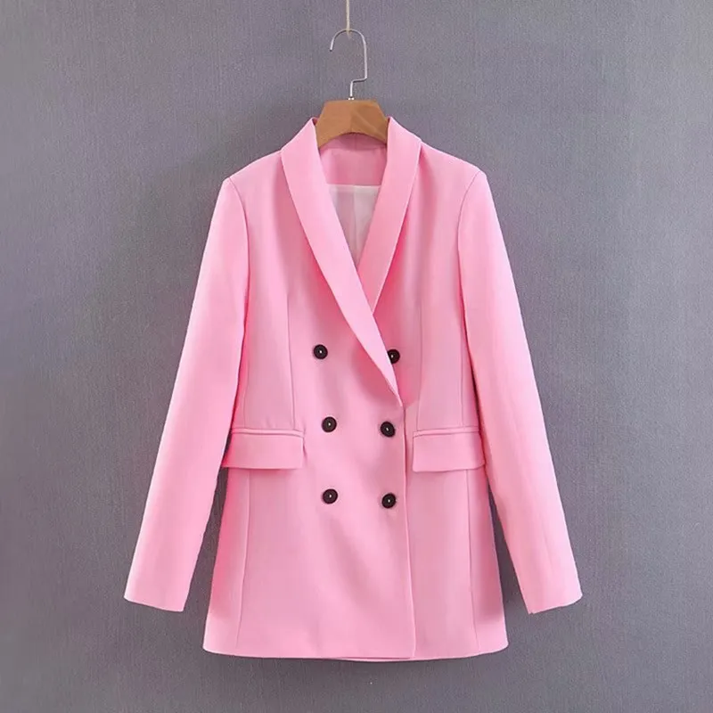 Women Chic Pink Blazer Pockets Double Breasted Long Sleeve Office Wear Coat Female Casual Outerwear Tops Women Chic Pink Blazer Pockets Double Breasted Long Sleeve Office Wear Coat Female Casual Outerwear Tops