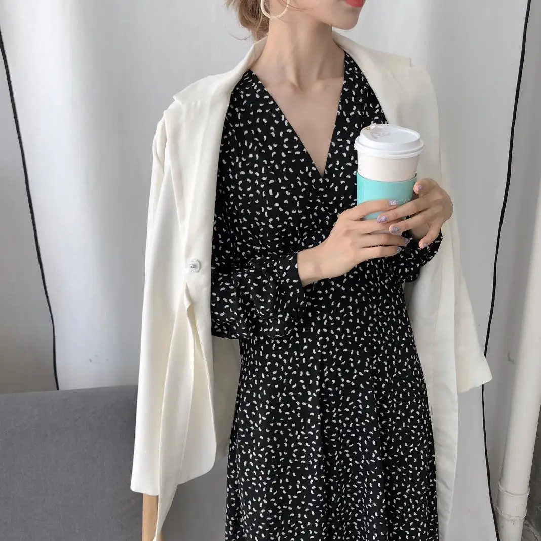 retro dress hot women slim waist A Line Elegant Temperament Lady Korean style vintage dot v neck vintage shirt dress high waist