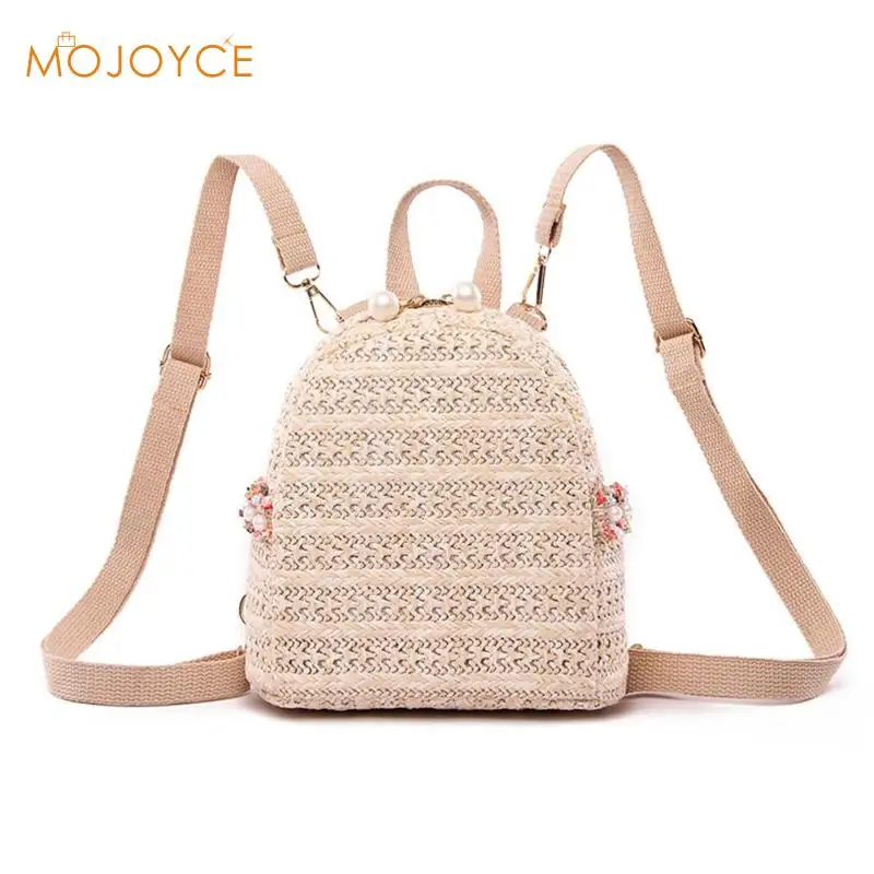 

Ladies Fashion Straw Pearl Backpack Women Girls Zipper Small Travel Casual Summer Women Girls Travel Casual Shoulder Schoolbags
