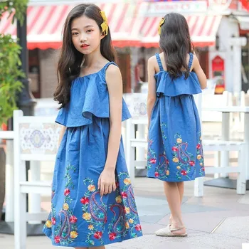 

Blue Embroidery Ruffles Princess Dresses For Teenage Girls Clothes Kids Denim Sundress Clothes Kids 2019 Summer Beach Dress