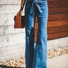 Облегающие джинсы с высокой талией и завязками, женские зимние модные уличные винтажные расклешенные брюки, Mujer, небесно-голубые джинсовые брюки с поясом, Femme