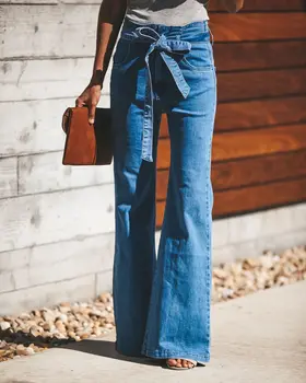 

High Waist Slim Drawstring Jeans Women Winter Fashion High Street Vintage Flare Pants Mujer Sky Blue Sashes Denim Femme 2019