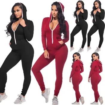 

Autumn Wnter Keep Warm Casual Jumpsuits Long Pant Women Ladies Solid Color New Style Long Sleeve Hooded Zipper Collar Pants