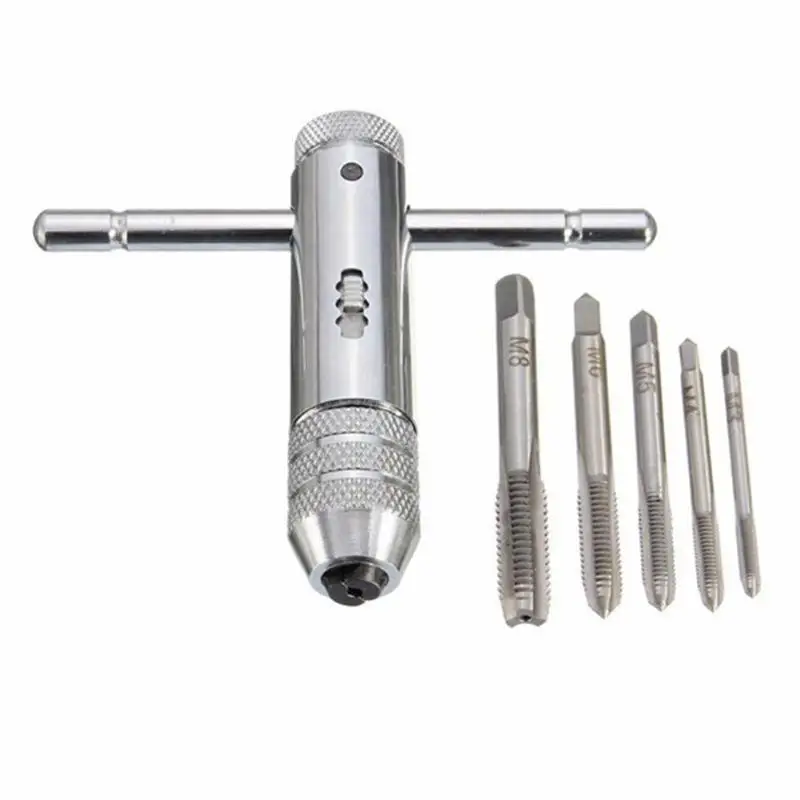 

Adjustable M3-M8 Threading Taps and Die Wrench Tools Set T-type Ratchet Screw Thread Tapping Machine Tool 5Pcs Plug Set
