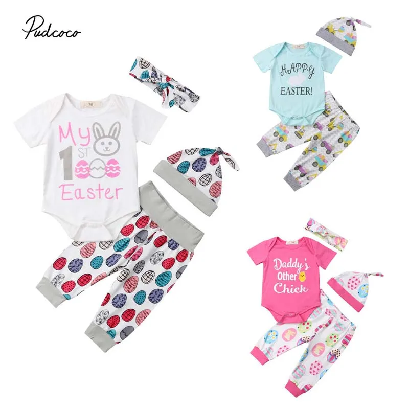 2019 Brand My First Easter Newborn Baby Girl Boy Clothes Cute Cartton Bunny Cotton Romper Pants Hats 4pcs Outfit Set Best Gift