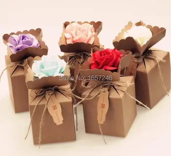 

300pcs/lot Creative Kraft DIY Vintage paper Candy Boxes Gift Bag with rose Flower Chocolate Packaging Party Wedding Decoration