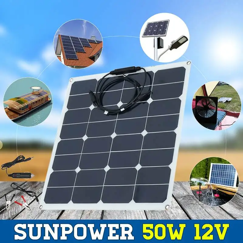 

50W Solar Panel Plate 12V Solar Charger for Car Battery Charging Monocrystalline Cell Module For Hause,Roof,Boat