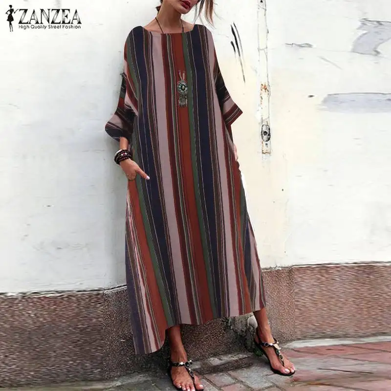 

ZANZEA Women Dress Stripe Print Bohemian Beach Vestidos 2019 Summer Autumn Ladies Long Sleeve Pockets Sundress Kaftan Robe Femme