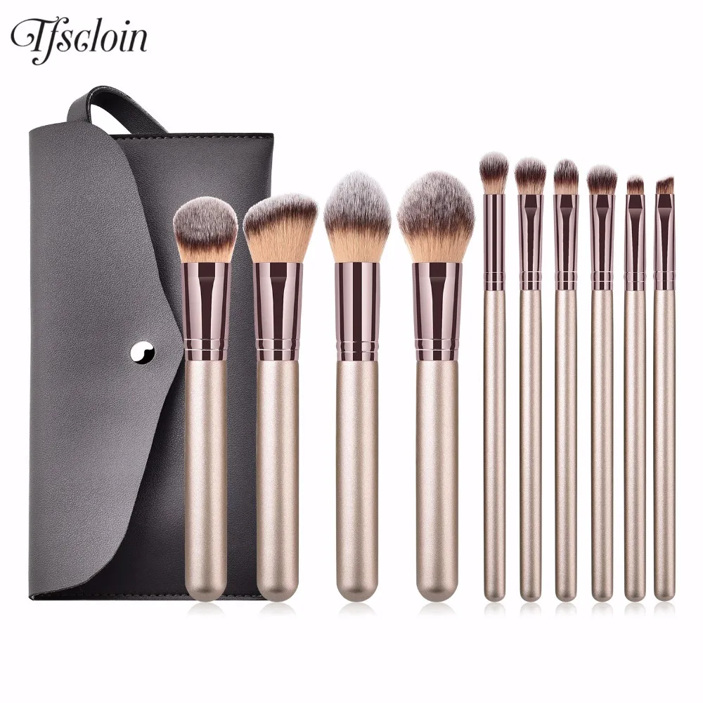 

10pcs Champagne Makeup Brushes Set pincel maquiagem Cosmetics Make up Kwasten Powder Eyeshadow Blush Contour Brush Set PU Bag