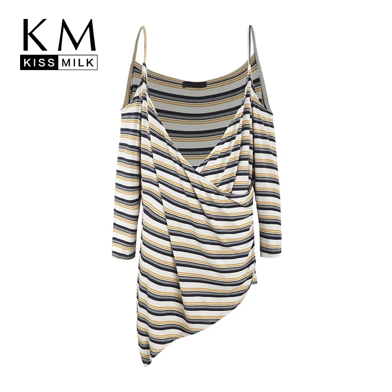 

Kissmilk Plus Size Winter Simple Commuter Sexy Sling Strapless V-neck Asymmetric Long-sleeved Striped Knit Top For Female