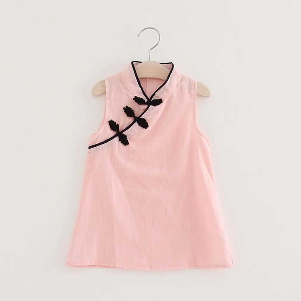 

Chinese Style Baby Girls Dress SolID Color Vintage Cheongsam KIDs Cotton Short Sleeve Dresses Party Costume Children Clothes